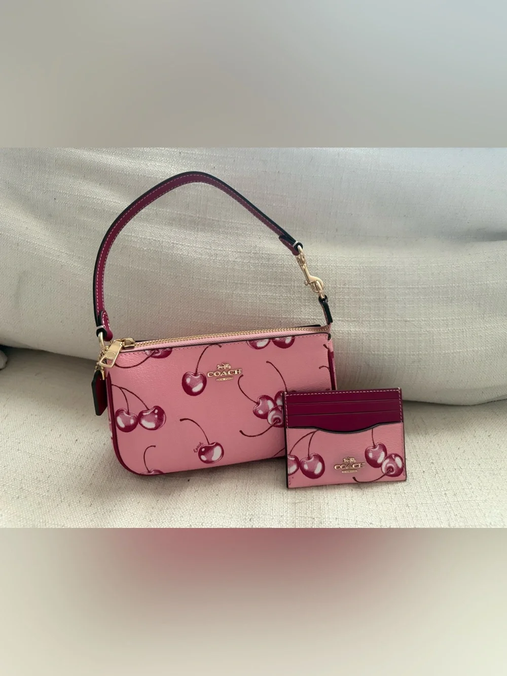 Coach Pink Cherry Shoulder Wristlet with Matching Card Case